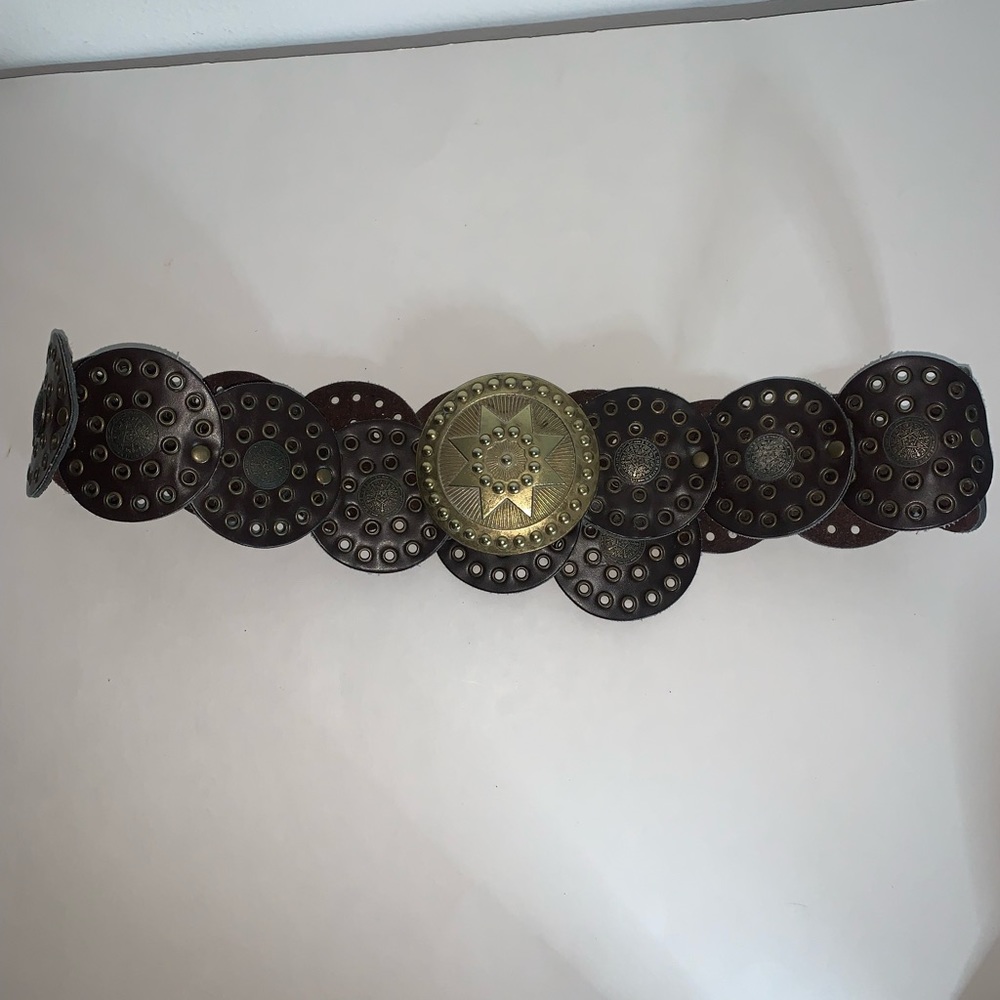 Vintage Moroccan Empire Cherifien Brown Leather Coin Brass Belt Medium 42 Inches